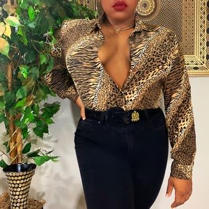 Silk animal print button down blouse